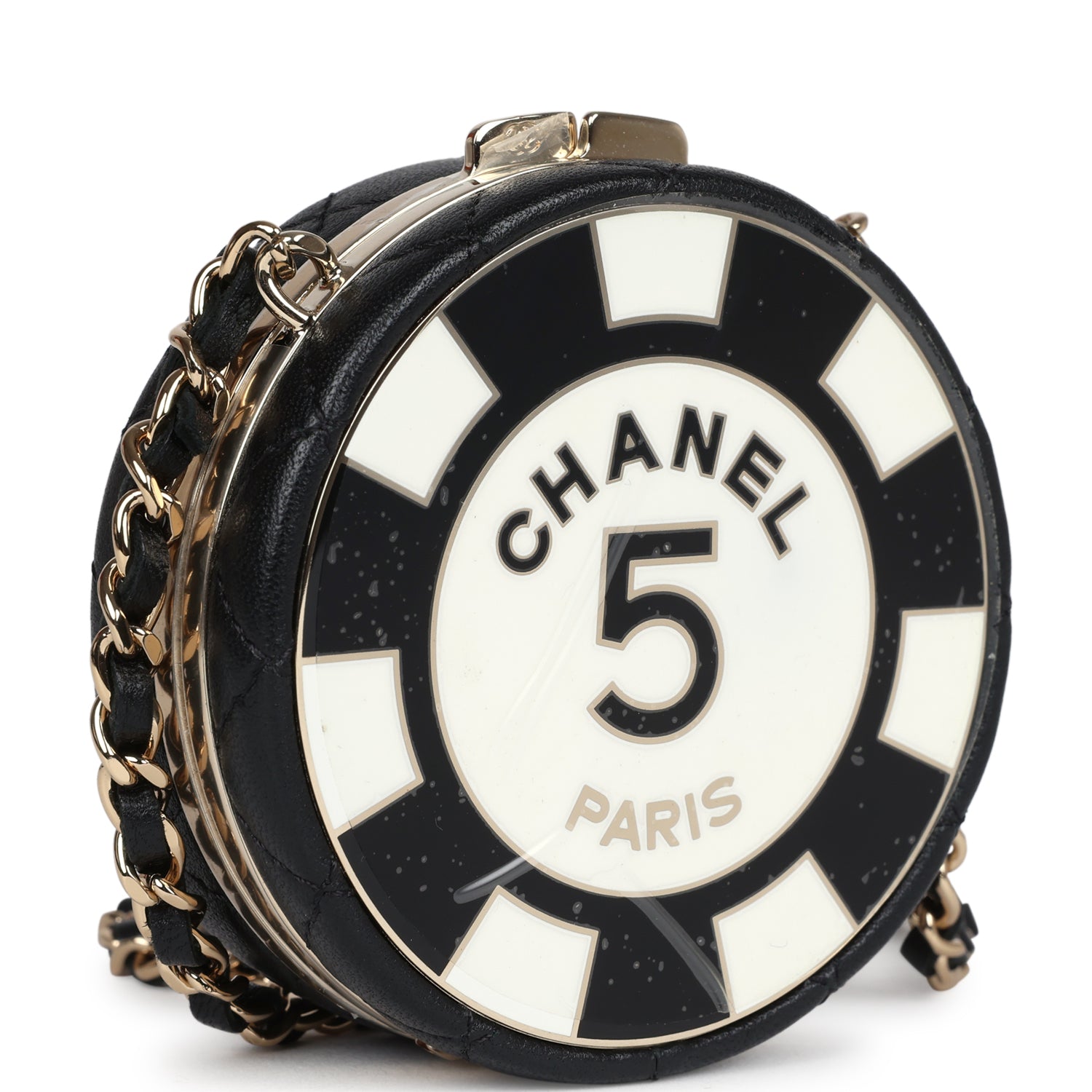 Chanel Poker Chip Minaudiere Clutch With Chain Black And White Enamel And Lambskin Gold Hardware