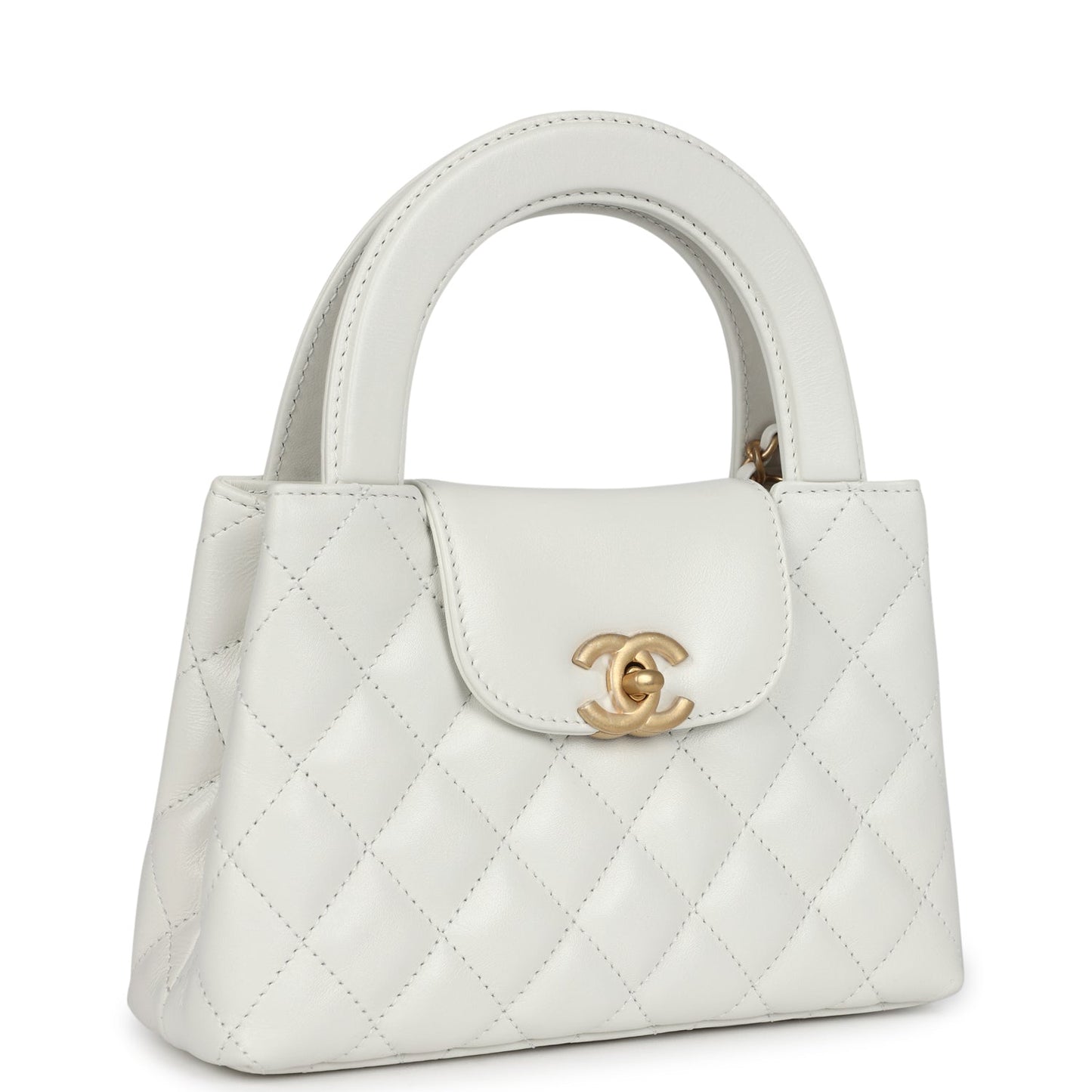 Chanel Small Kelly Shopper White Shiny Aged Calfskin Brushed Gold Hardware Women Shoes