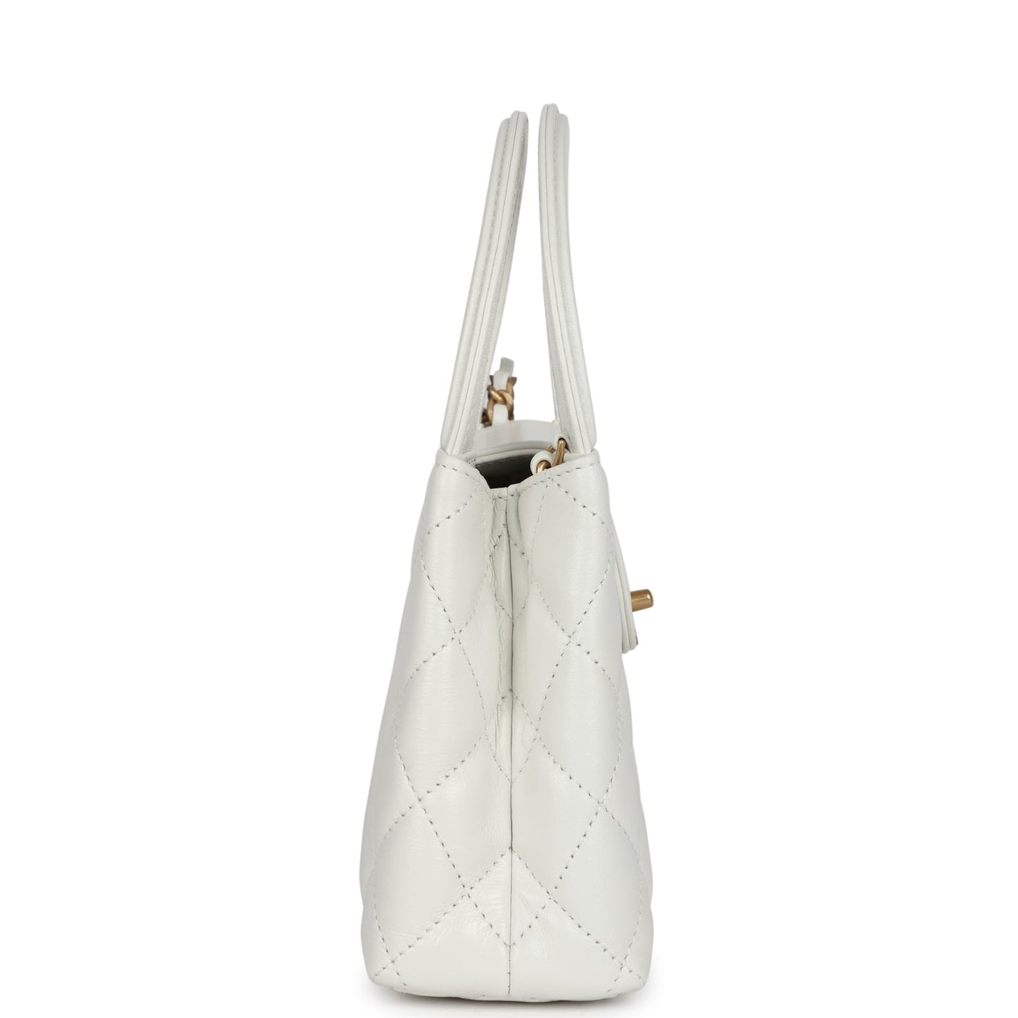 Chanel Small Kelly Shopper White Shiny Aged Calfskin Brushed Gold Hardware Women Shoes