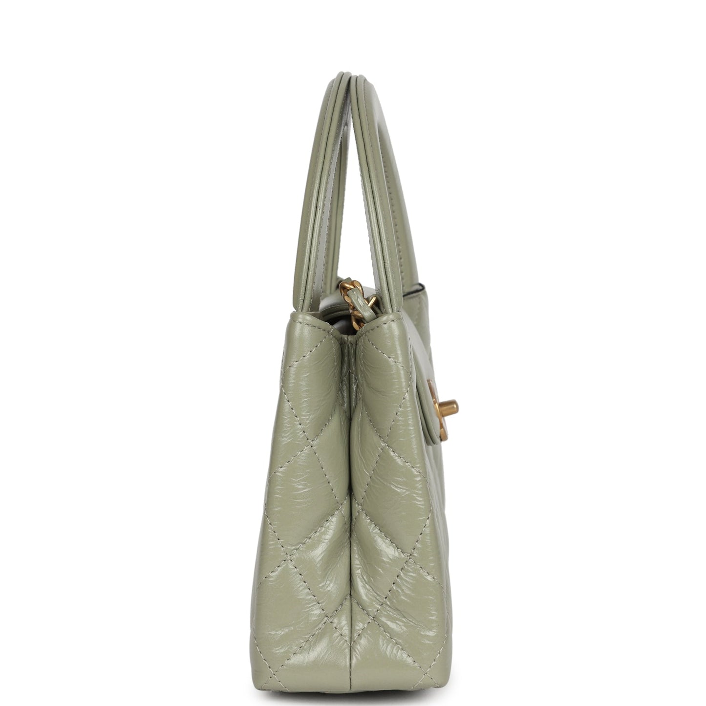 Chanel Small Kelly Shopper Khaki Shiny Aged Calfskin Brushed Gold Hardware Women Shoes