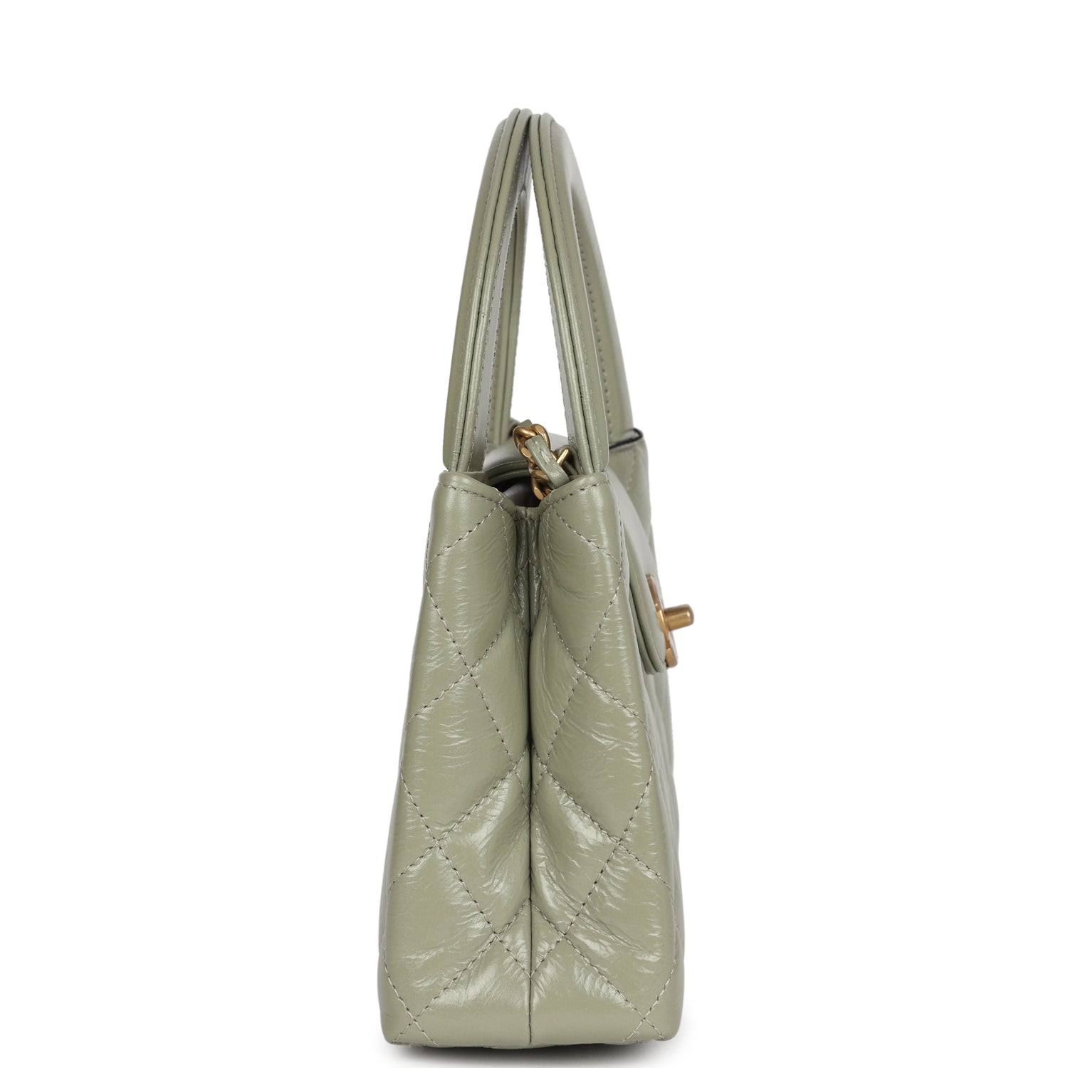 Chanel Small Kelly Shopper Khaki Shiny Aged Calfskin Brushed Gold Hardware Women Shoes
