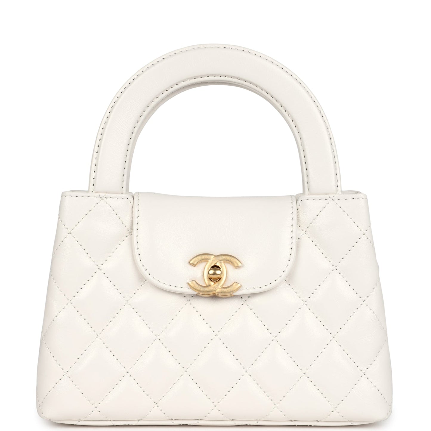 Chanel Small Kelly Shopper White Shiny Aged Calfskin Brushed Gold Hardware Women Shoes