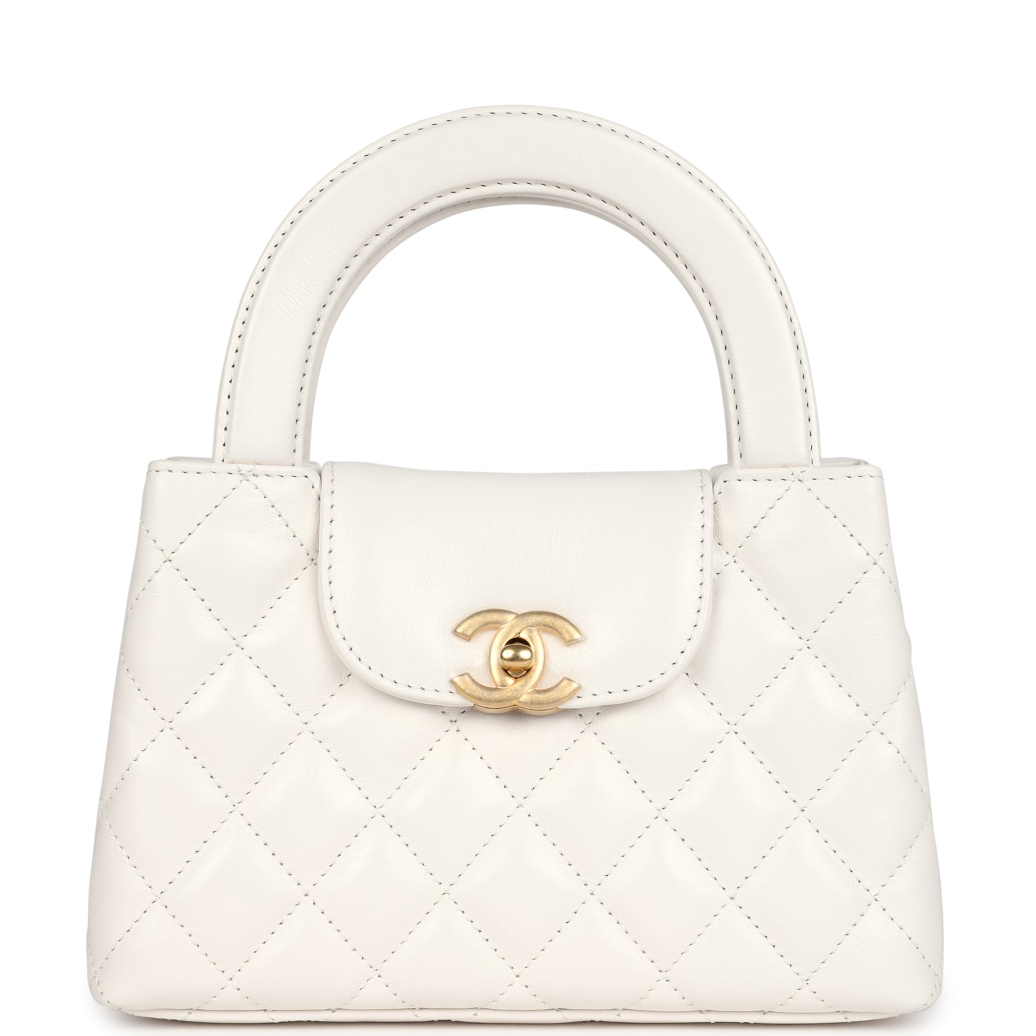 Chanel Small Kelly Shopper White Shiny Aged Calfskin Brushed Gold Hardware Women Shoes