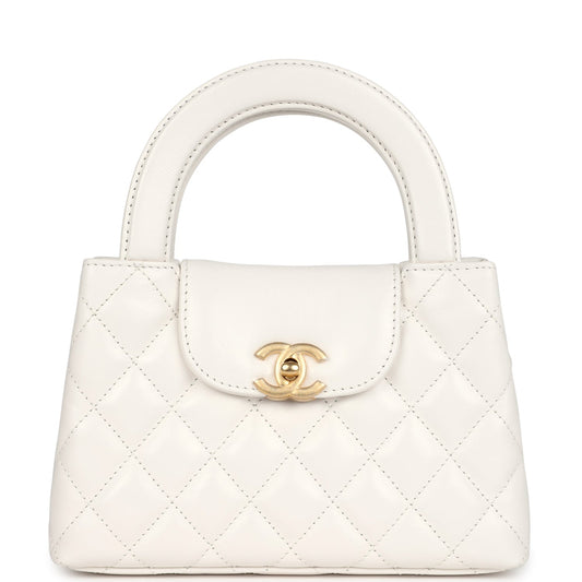 Chanel Small Kelly Shopper White Shiny Aged Calfskin Brushed Gold Hardware Women Shoes