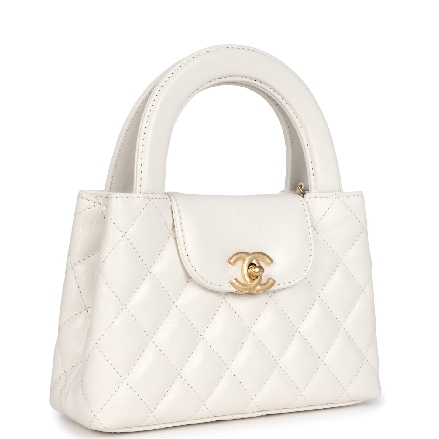 Chanel Small Kelly Shopper White Shiny Aged Calfskin Brushed Gold Hardware Women Shoes