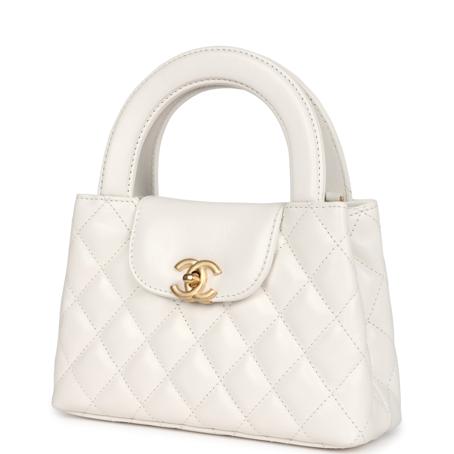 Chanel Small Kelly Shopper White Shiny Aged Calfskin Brushed Gold Hardware Women Shoes