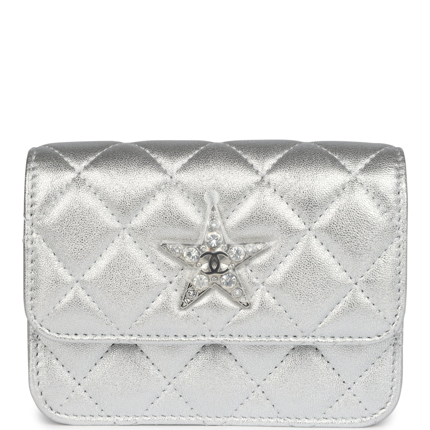 Chanel Crystal CC Walk Of Fame Clutch Wallet Silver Metallic Goatskin Silver Hardware