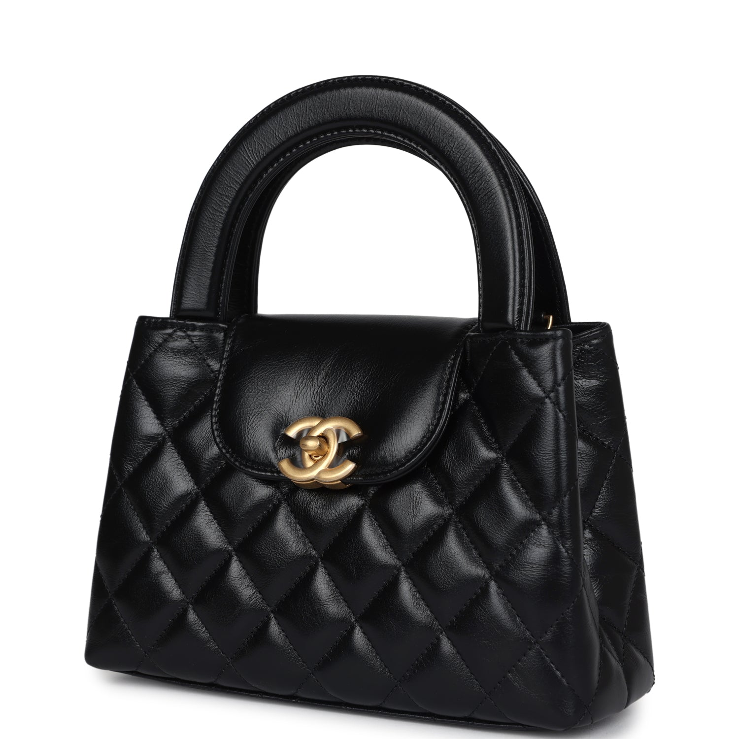 Chanel Small Kelly Shopper Black Shiny Aged Calfskin Brushed Gold Hardware Women Shoes