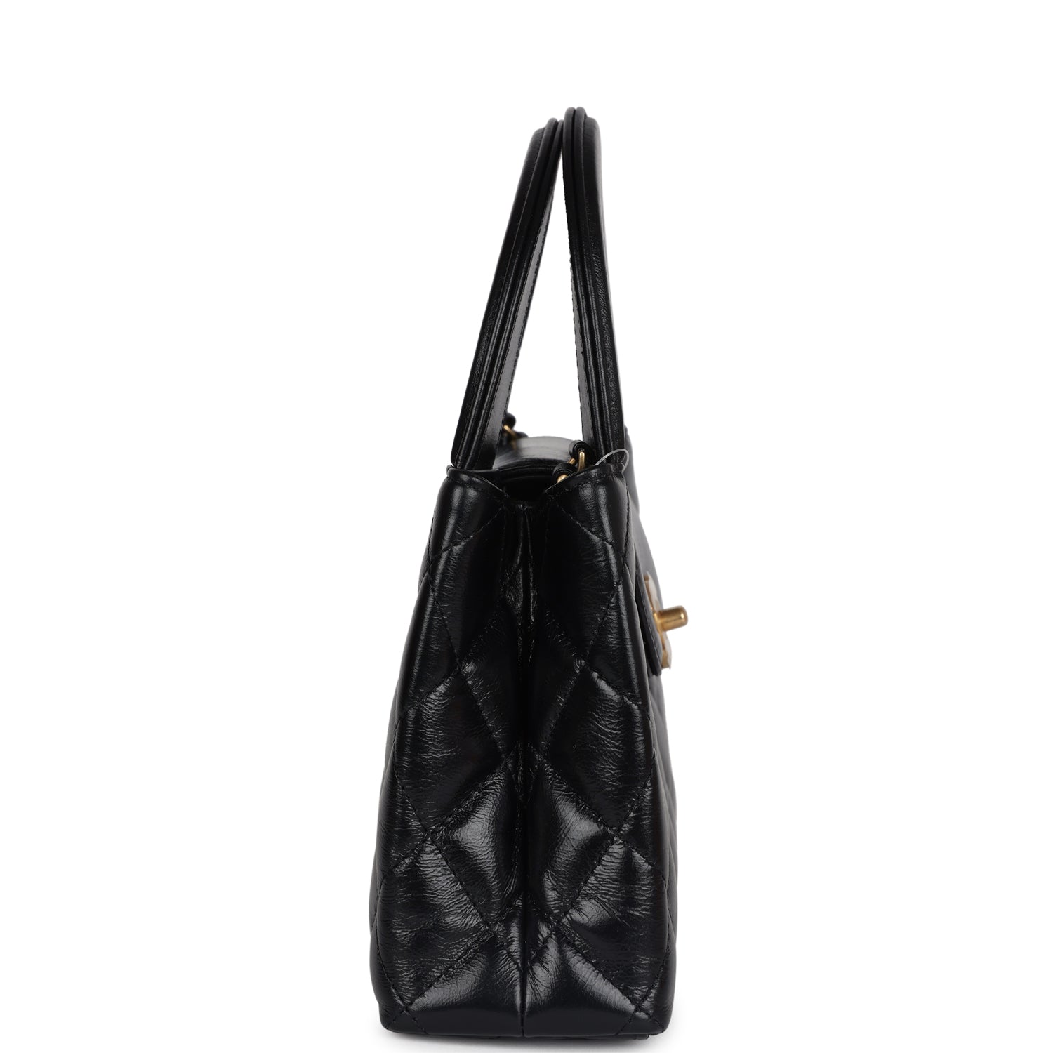 Chanel Small Kelly Shopper Black Shiny Aged Calfskin Brushed Gold Hardware Women Shoes
