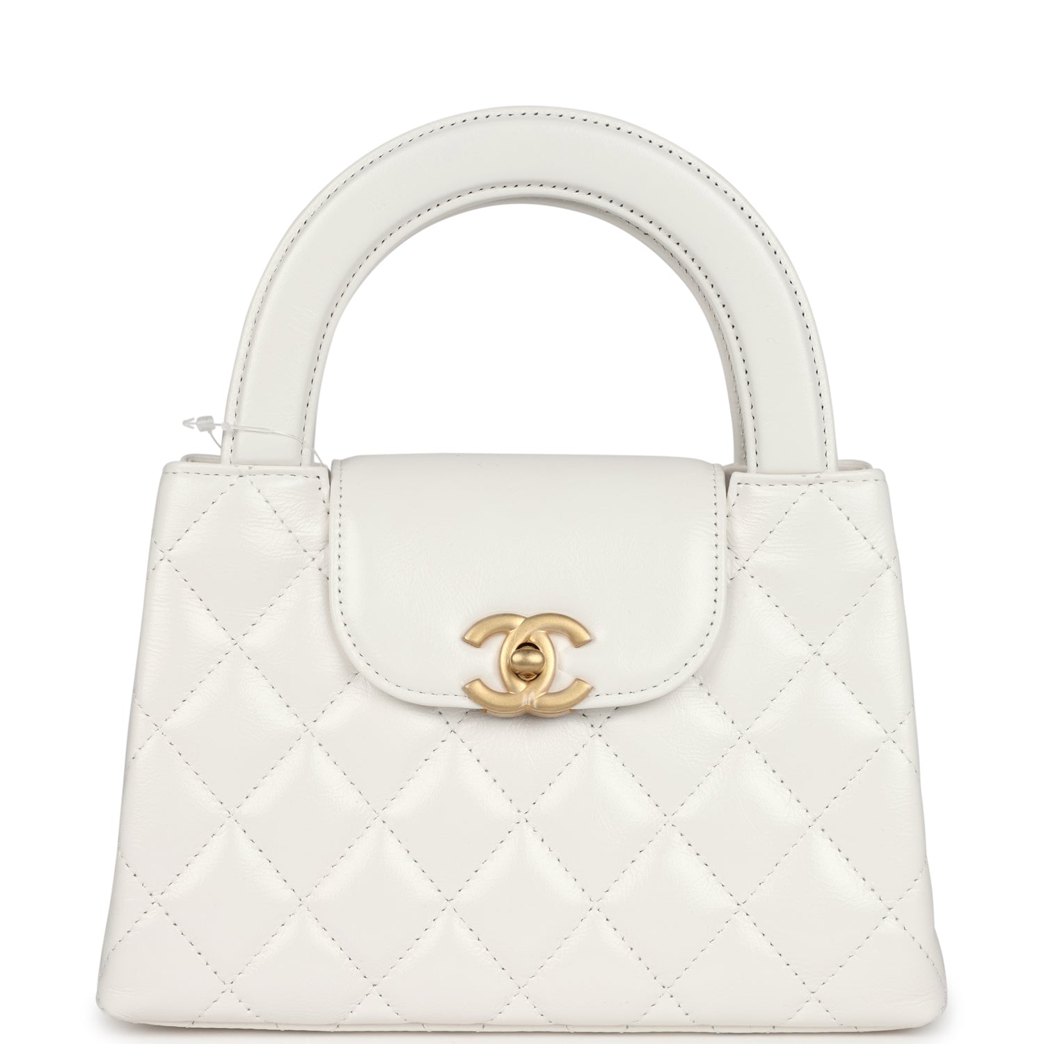 Chanel Small Kelly Shopper White Shiny Aged Calfskin Brushed Gold Hardware Women Shoes