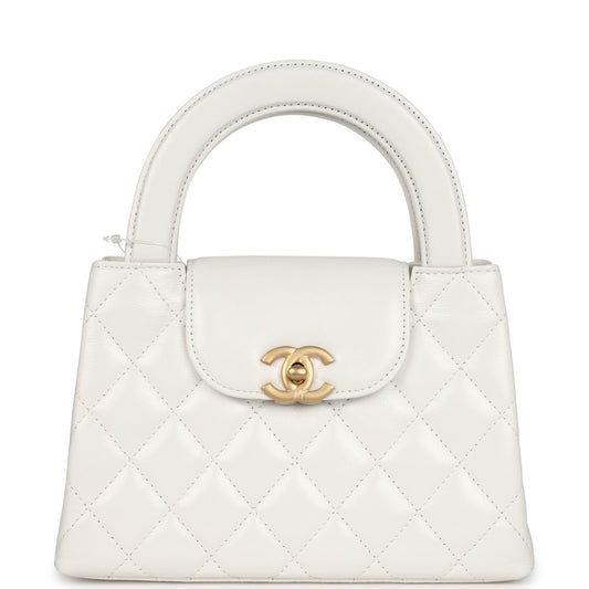 Chanel Small Kelly Shopper White Shiny Aged Calfskin Brushed Gold Hardware Women Shoes