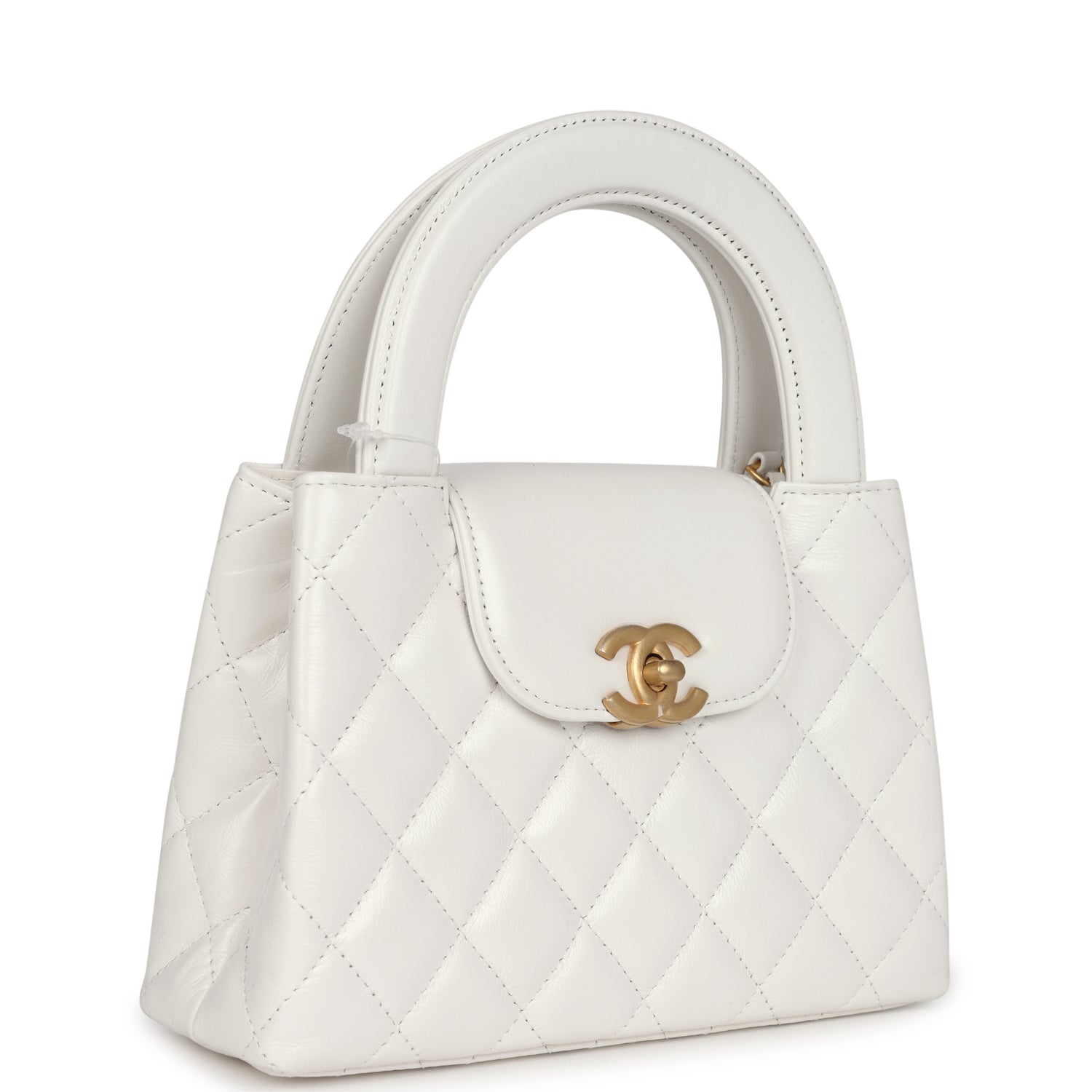Chanel Small Kelly Shopper White Shiny Aged Calfskin Brushed Gold Hardware Women Shoes