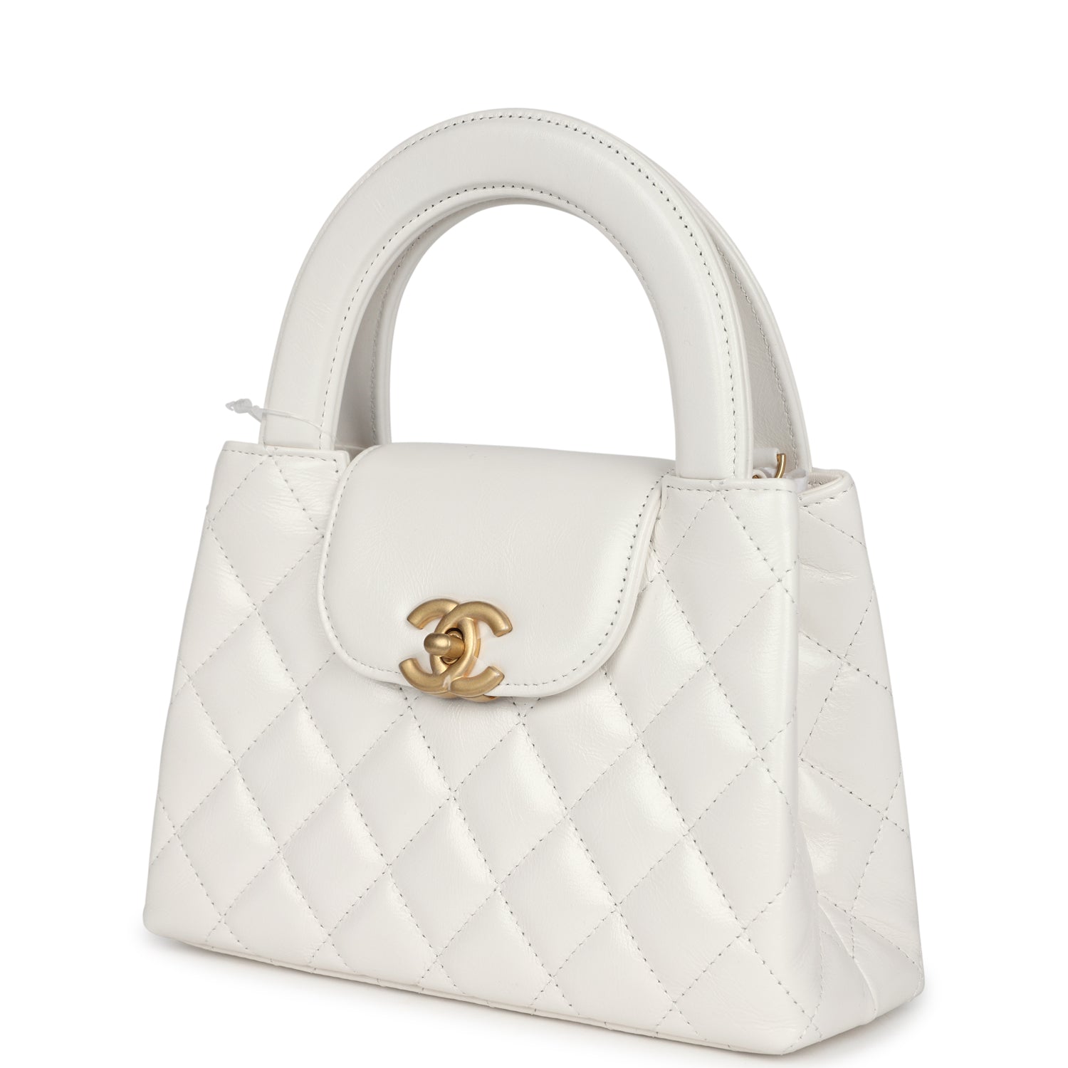 Chanel Small Kelly Shopper White Shiny Aged Calfskin Brushed Gold Hardware Women Shoes