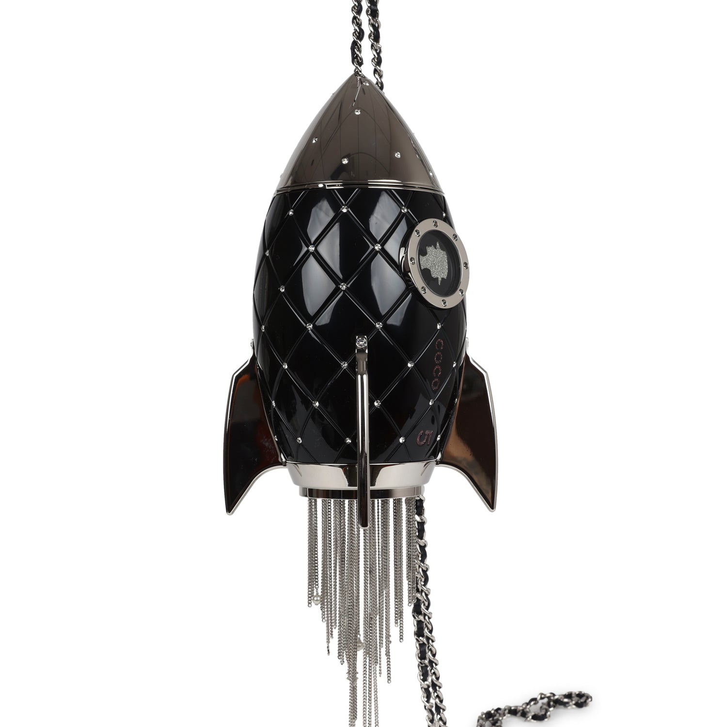Chanel Limited Edition Rocket Ship Minaudière Bag Black Lucite and Crystals Silver Hardware