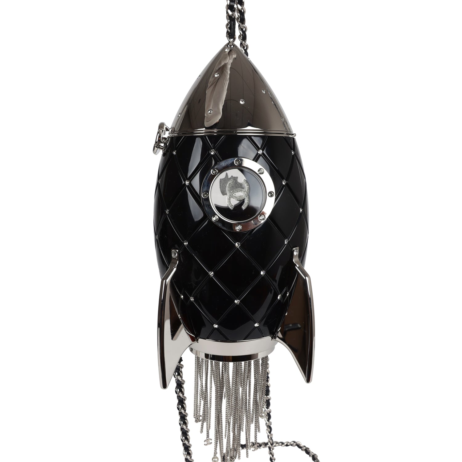 Chanel Limited Edition Rocket Ship Minaudière Bag Black Lucite and Crystals Silver Hardware