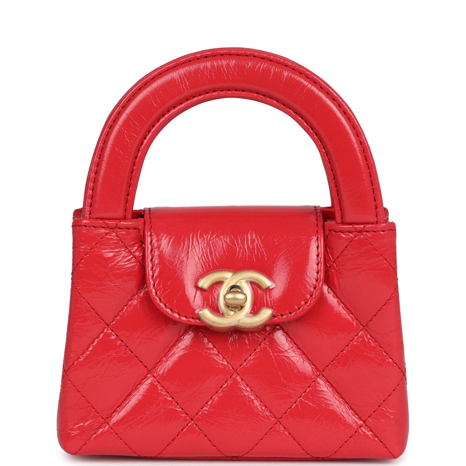 Chanel Nano Kelly Shopper Red Shiny Aged Calfskin Brushed Gold Hardware Bag