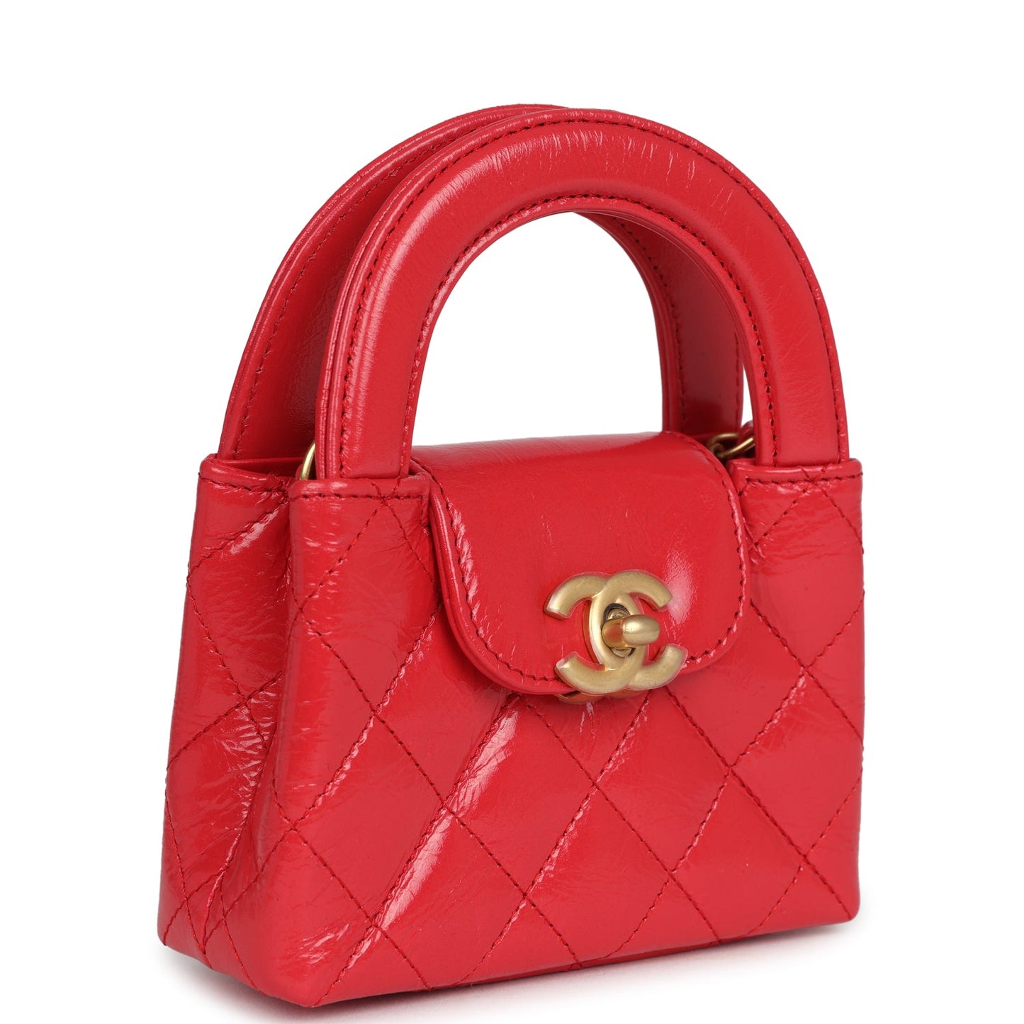 Chanel Nano Kelly Shopper Red Shiny Aged Calfskin Brushed Gold Hardware Women Shoes