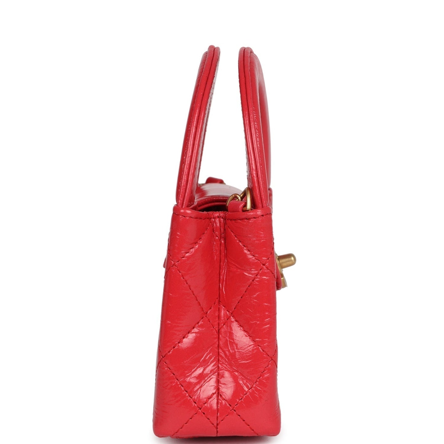 Chanel Nano Kelly Shopper Red Shiny Aged Calfskin Brushed Gold Hardware Women Shoes