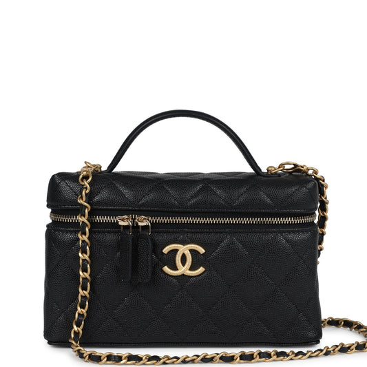 Chanel Top Handle Long Vanity Case with Chain Black Shiny Caviar Brushed Gold Hardware Handbag