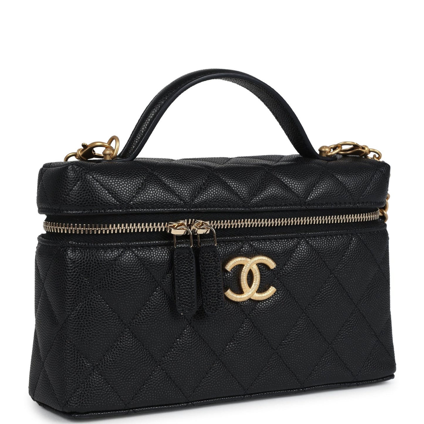 Chanel Top Handle Long Vanity Case with Chain Black Shiny Caviar Brushed Gold Hardware Handbag