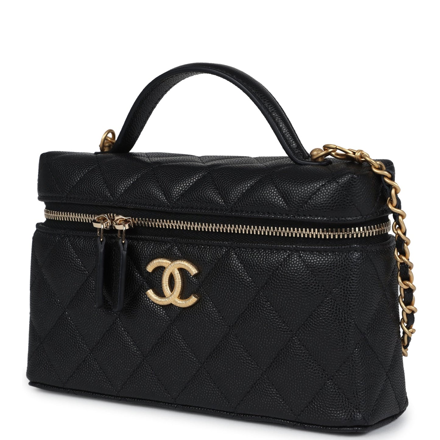 Chanel Top Handle Long Vanity Case With Chain Black Shiny Caviar Brushed Gold Hardware Bag