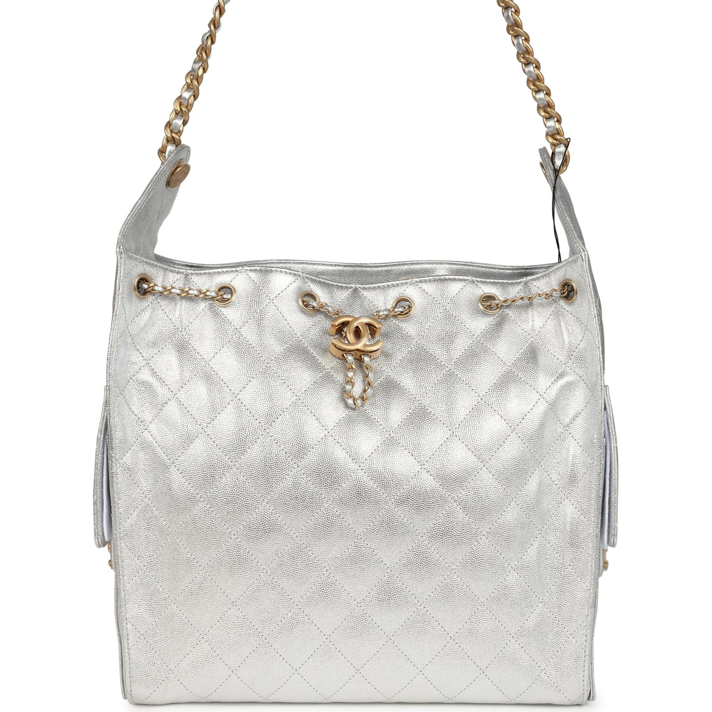 Chanel Medium 25 Hobo Bag Metallic Silver Caviar Antique Gold Hardware