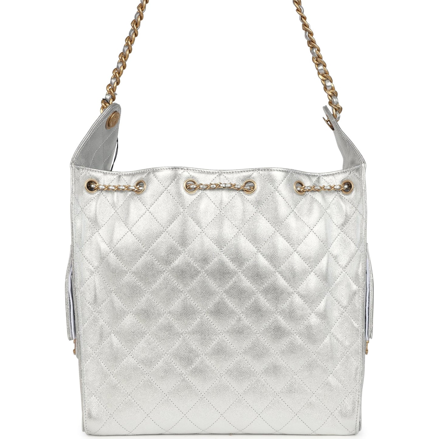 Chanel Medium 25 Hobo Bag Metallic Silver Caviar Antique Gold Hardware