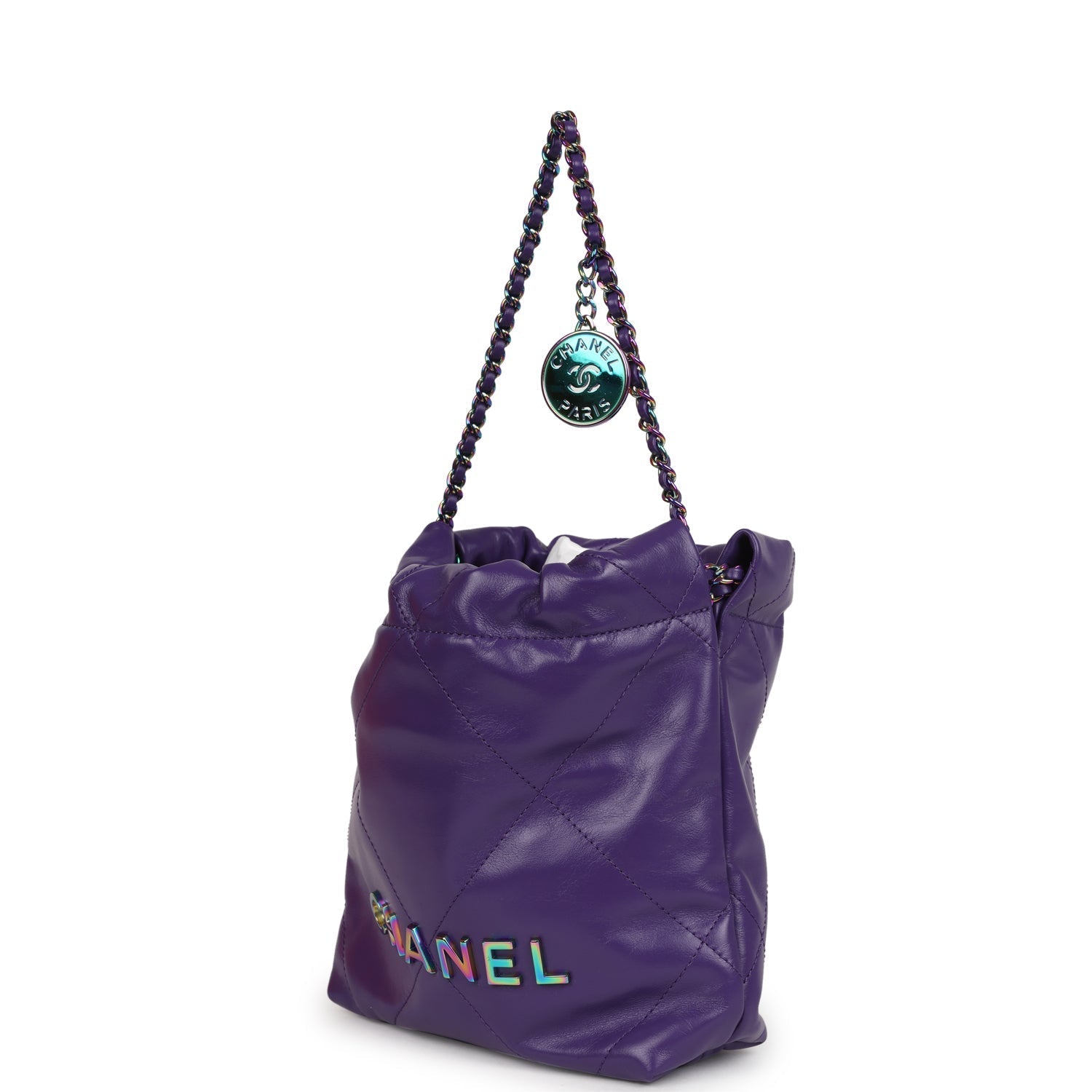 Chanel Mini 22 Bag Dark Purple Lambskin Rainbow Hardware