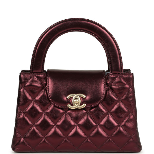 Chanel Small Kelly Shopper Metallic Burgundy Calfskin Brushed Gold Hardware