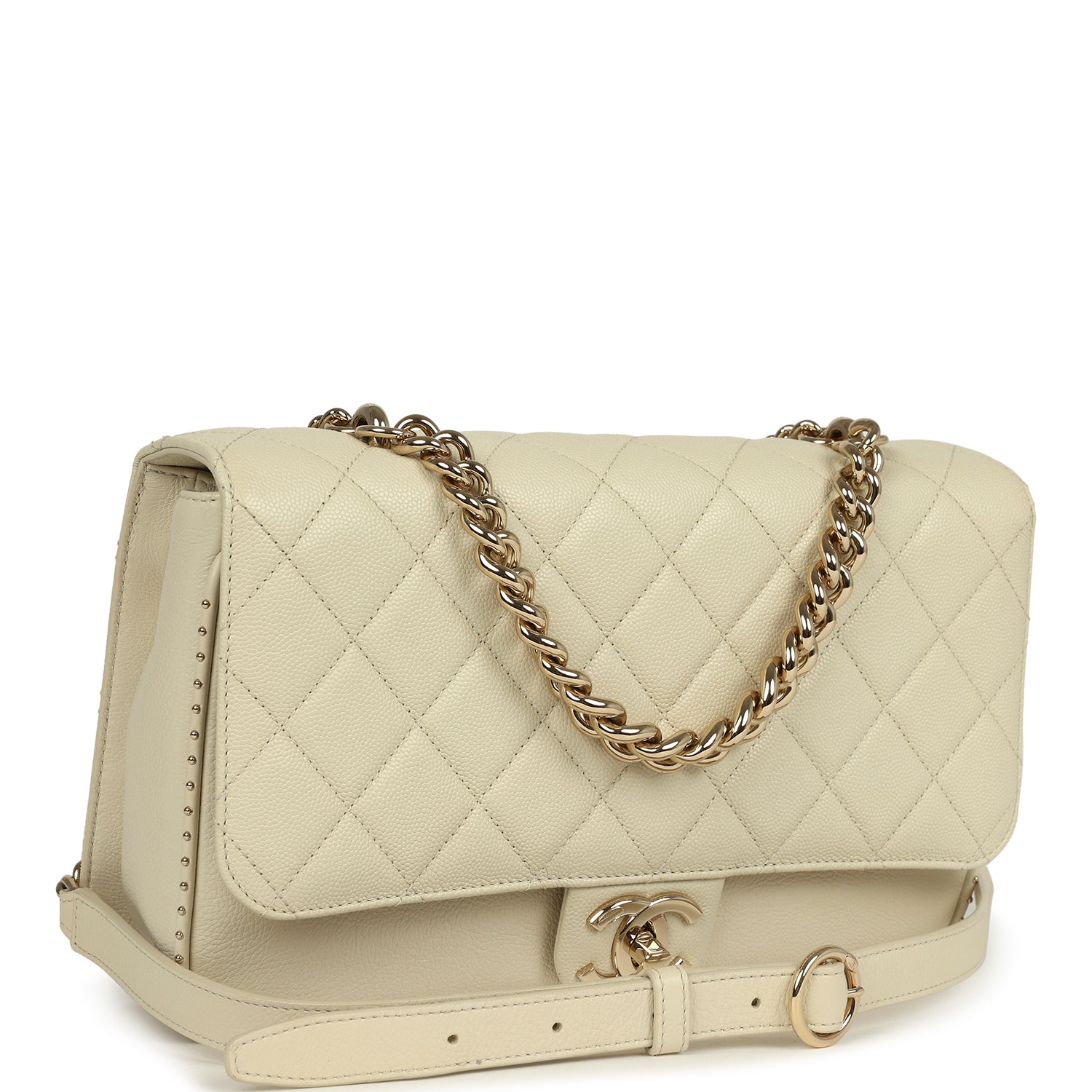 Chanel Large Chain Handle Flap Bag Ivory Caviar and Calfskin Light Gold Hardware
