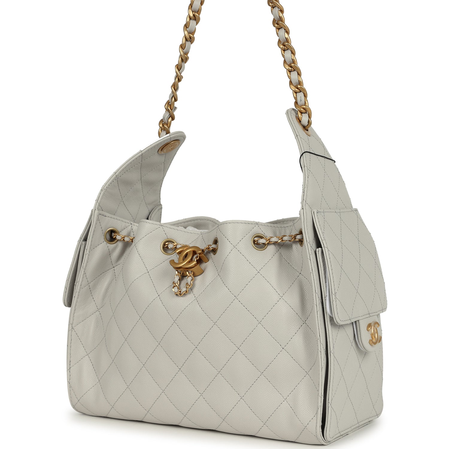Chanel Small 25 Hobo Bag Light Grey Caviar Antique Gold Hardware