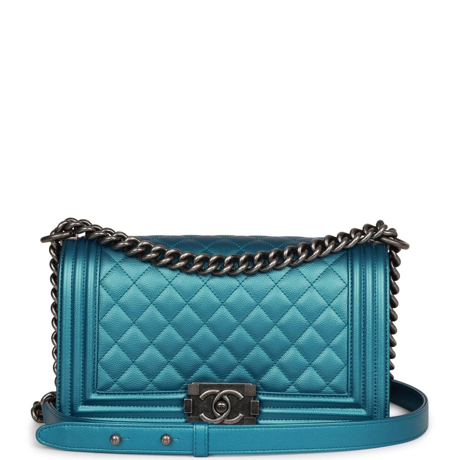 Chanel Medium Boy Bag Metallic Blue Caviar Ruthenium Hardware