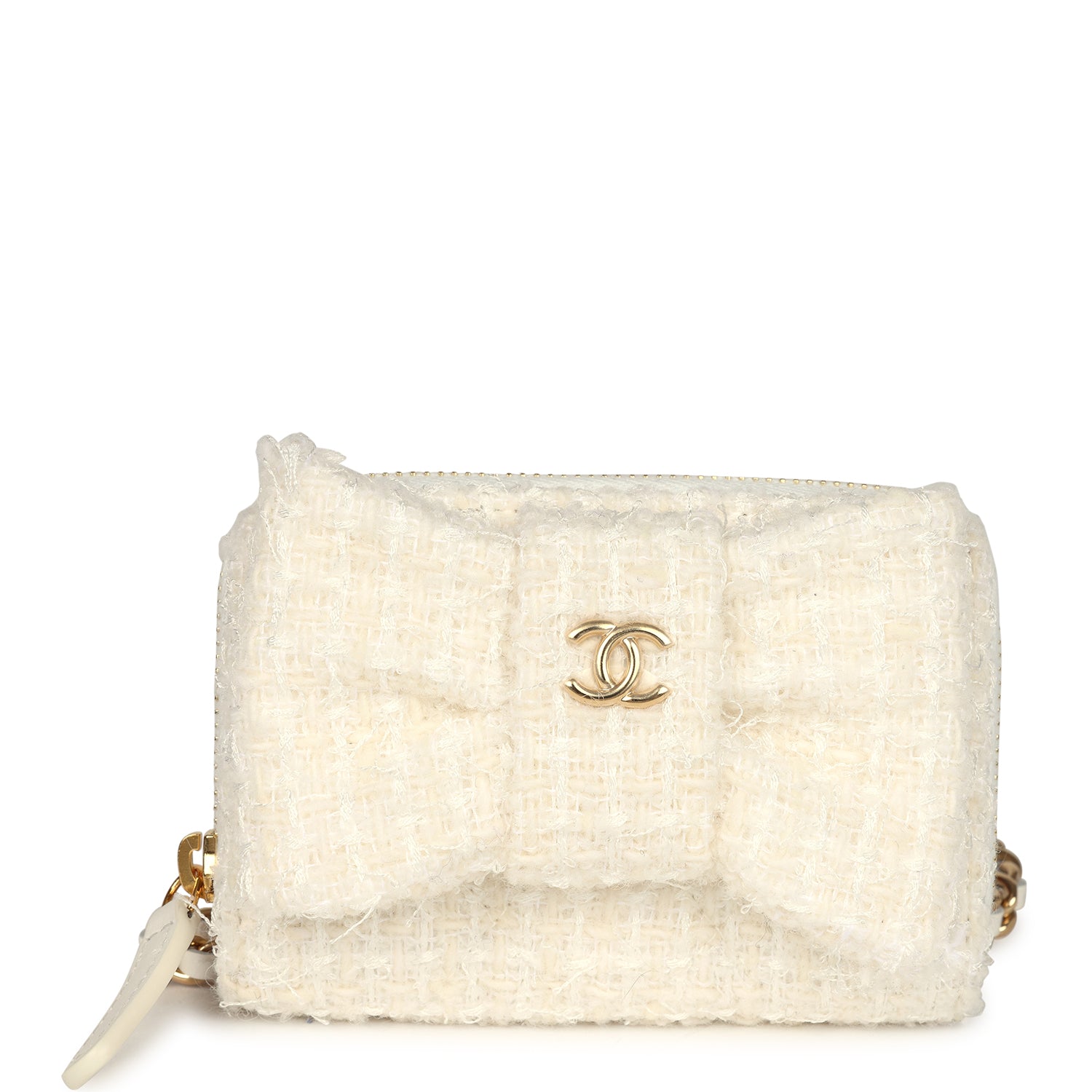 Chanel Vip Wallet on Chain WOC Bow White Tweed Gold Hardware Handbag