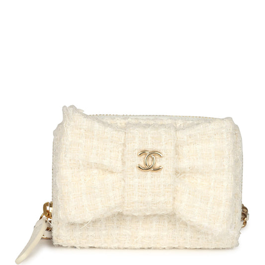Chanel Vip Wallet on Chain WOC Bow White Tweed Gold Hardware Handbag