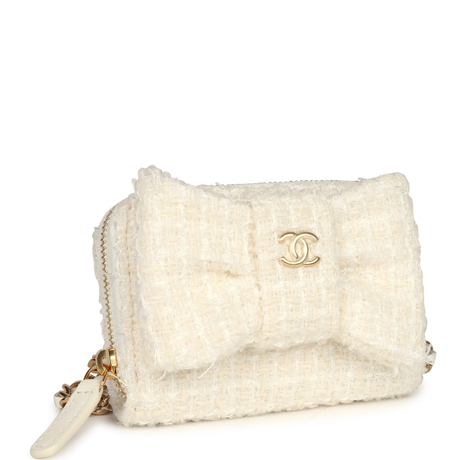Chanel Vip Wallet on Chain WOC Bow White Tweed Gold Hardware Handbag