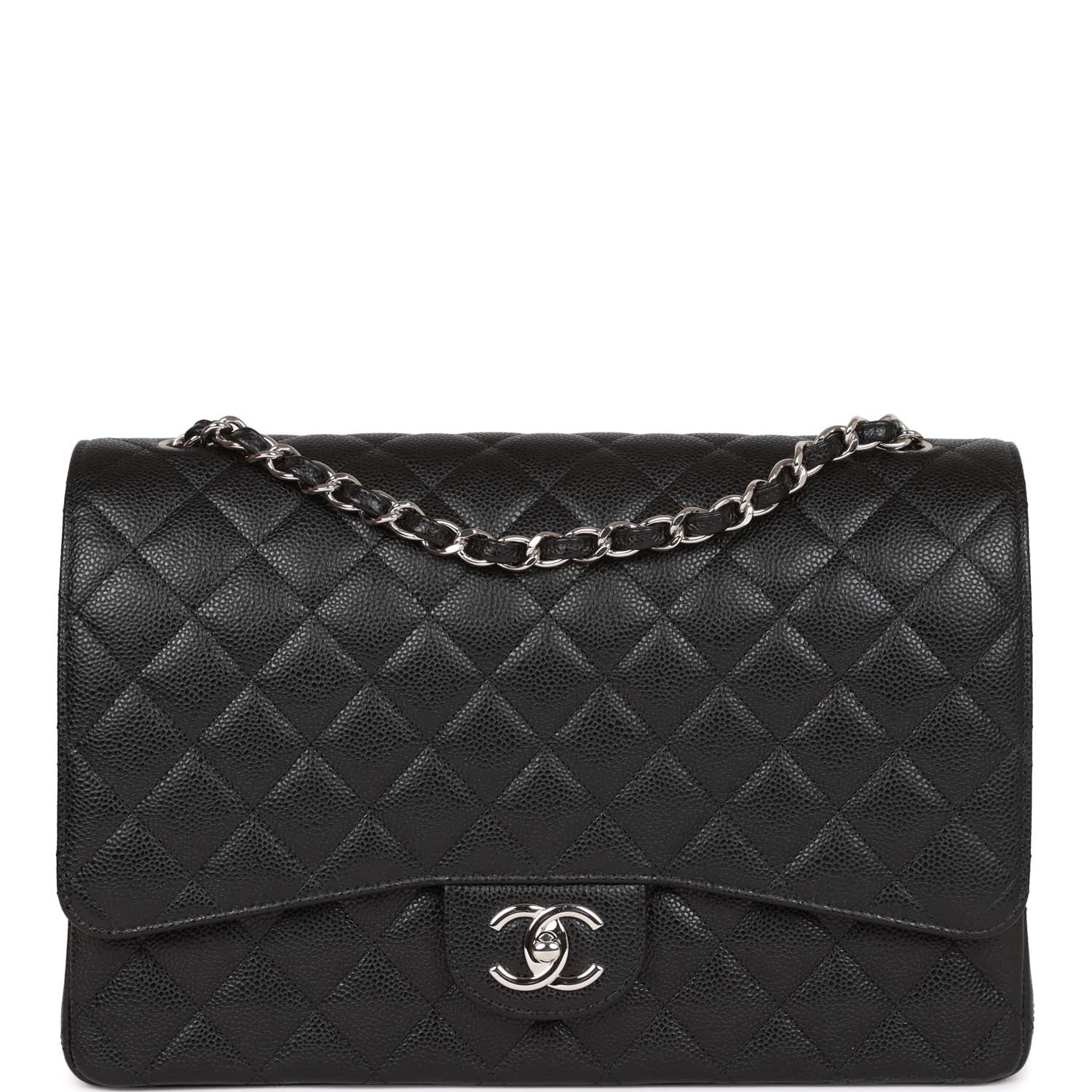 Chanel Maxi Classic Double Flap Bag Black Quilted Caviar Silver Hardware
