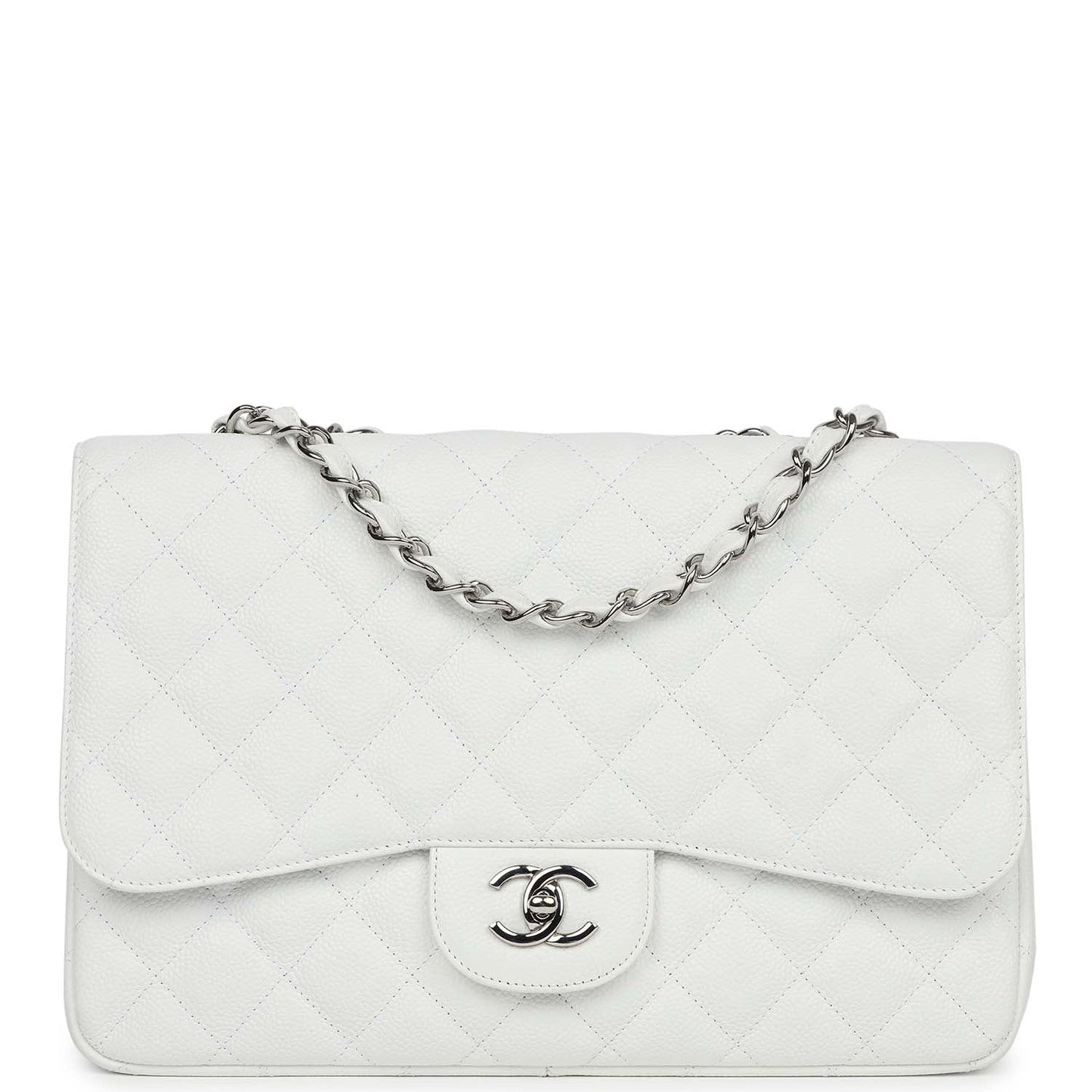 Chanel Jumbo Classic Single Flap Bag White Caviar Silver Hardware