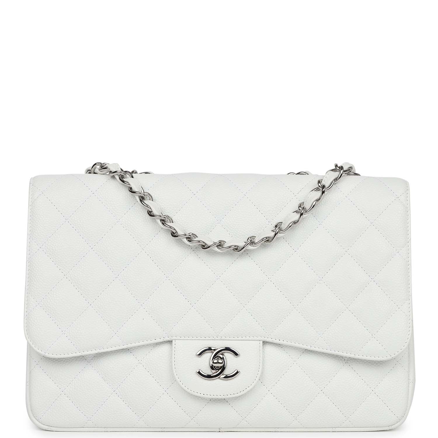 Chanel Jumbo Classic Single Flap Bag White Caviar Silver Hardware