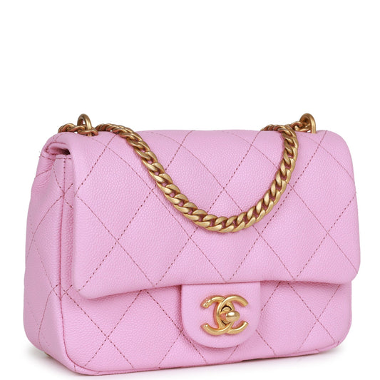 Gucci Chanel Sweetheart Mini Square Flap Bag Pink Caviar Antique Gold Hardware