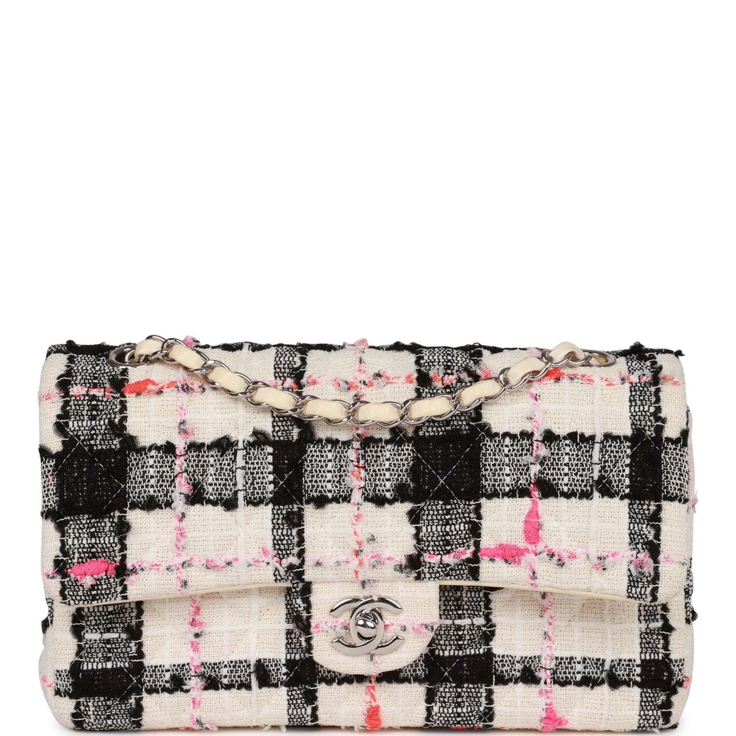 Chanel Medium Classic Double Flap Bag White,black,and Pink Tweed Silver Hardware