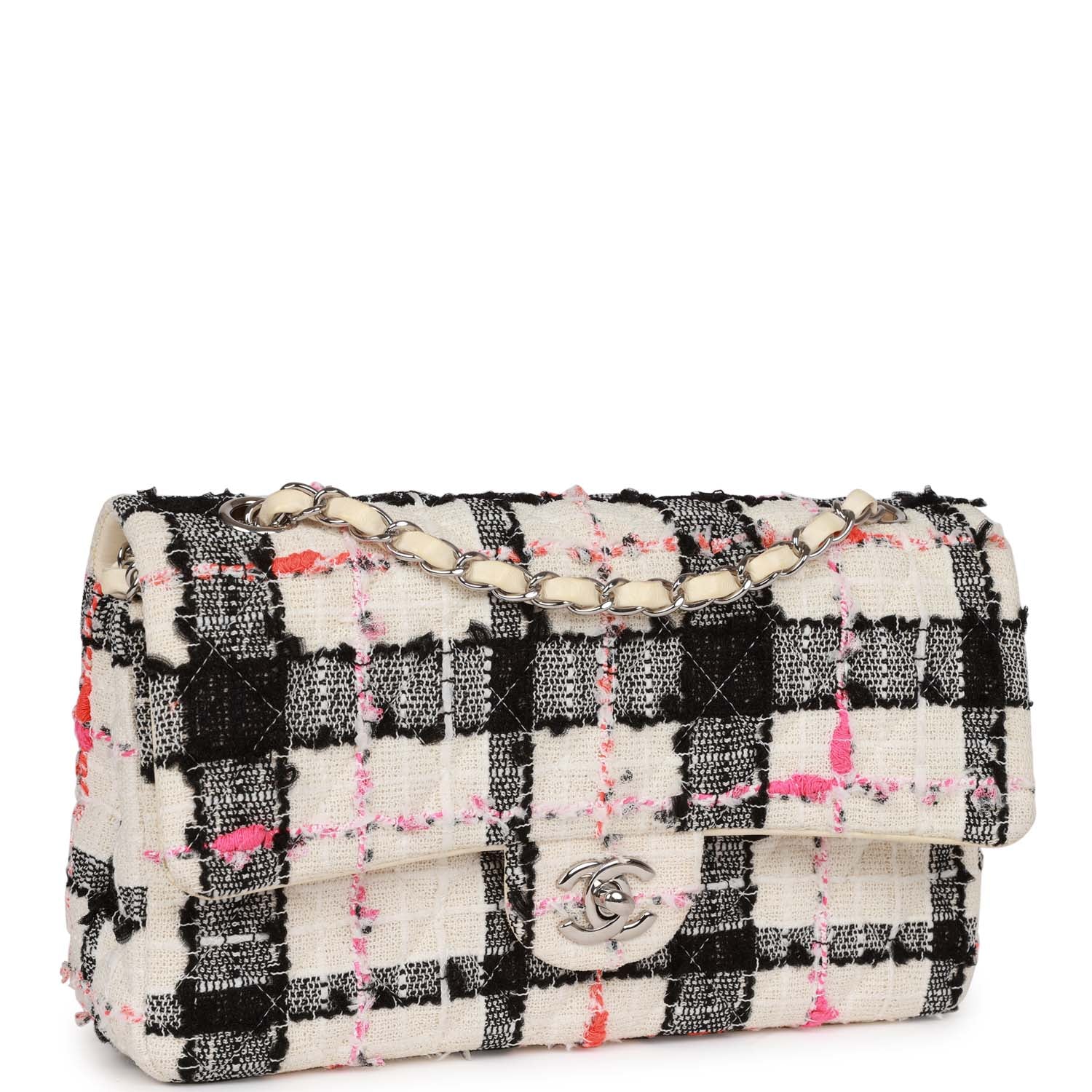 Chanel Medium Classic Double Flap Bag White,black,and Pink Tweed Silver Hardware