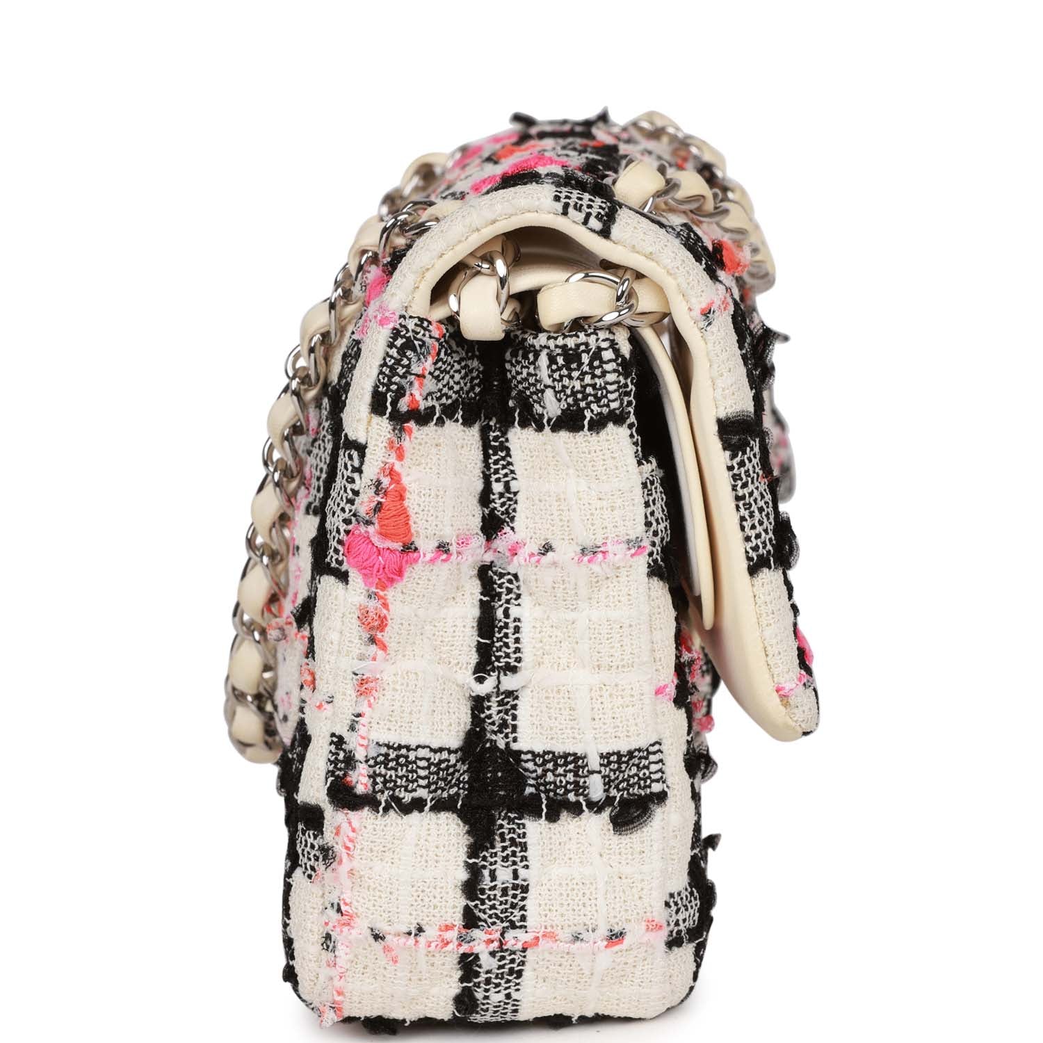 Chanel Medium Classic Double Flap Bag White,black,and Pink Tweed Silver Hardware
