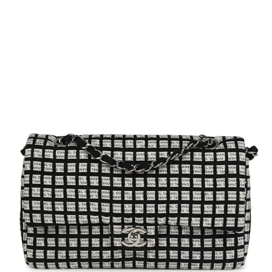 Chanel Medium Logo Ribbon Classic Double Flap Bag White and Black Canvas and Tweed Silver Hardware