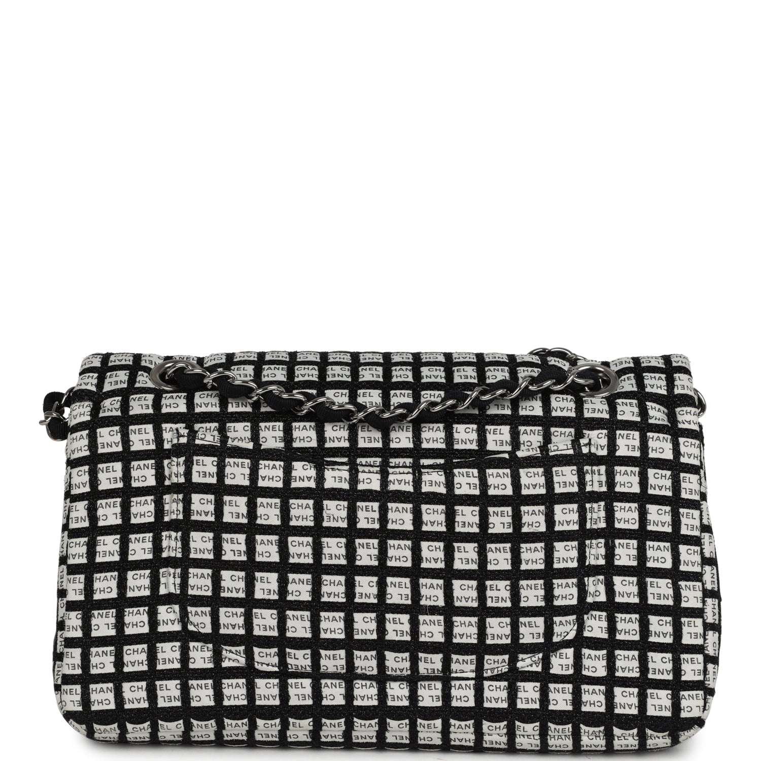 Chanel Medium Logo Ribbon Classic Double Flap Bag White and Black Canvas and Tweed Silver Hardware
