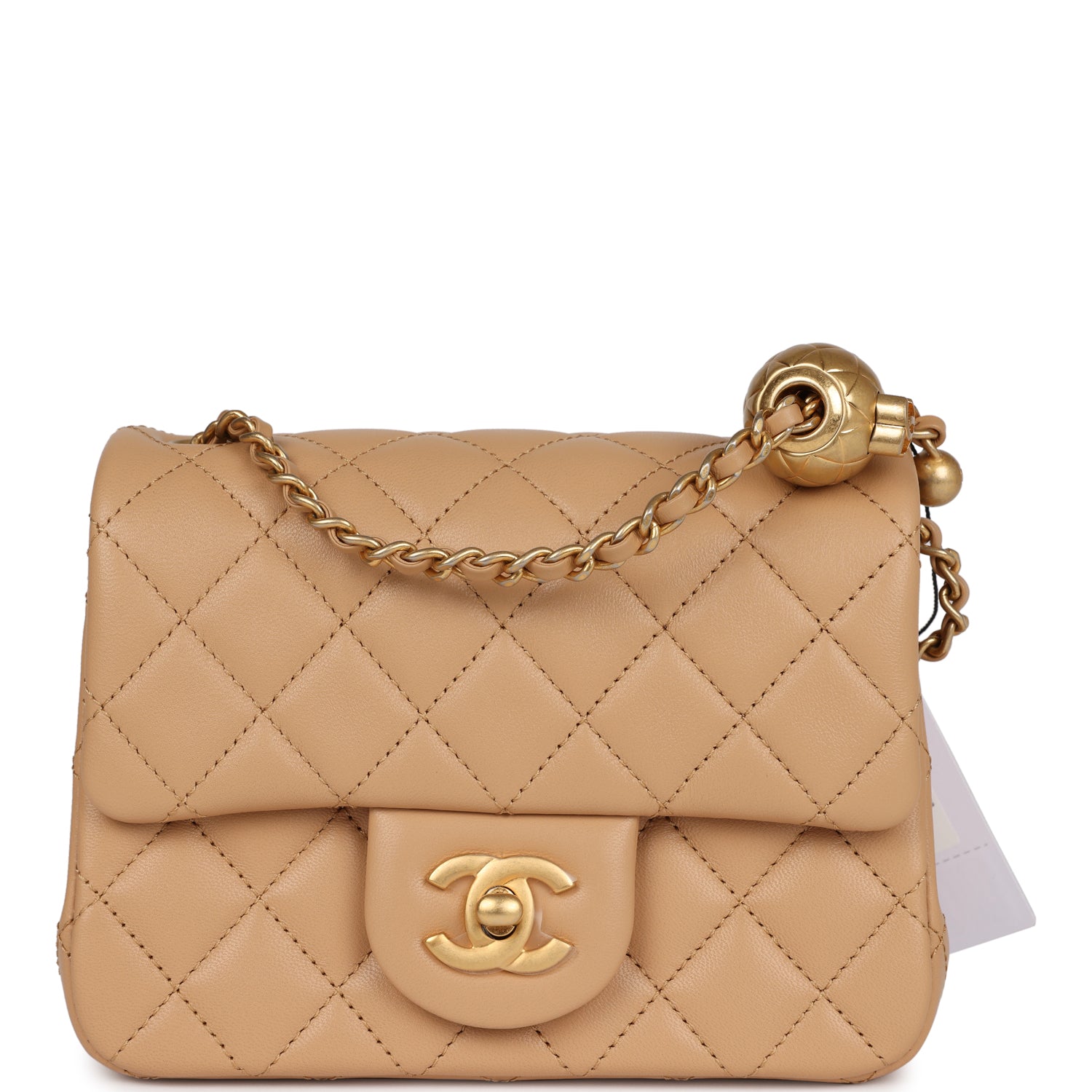Chanel Pearl Crush Mini Square Flap Beige Lambskin Brushed Gold Hardware Handbag