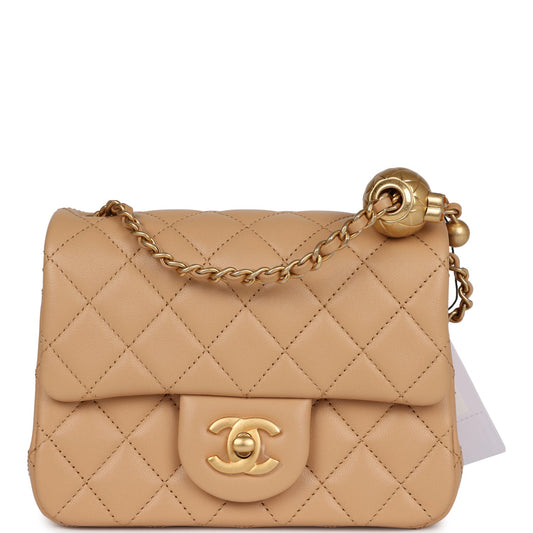 Chanel Pearl Crush Mini Square Flap Beige Lambskin Brushed Gold Hardware Handbag