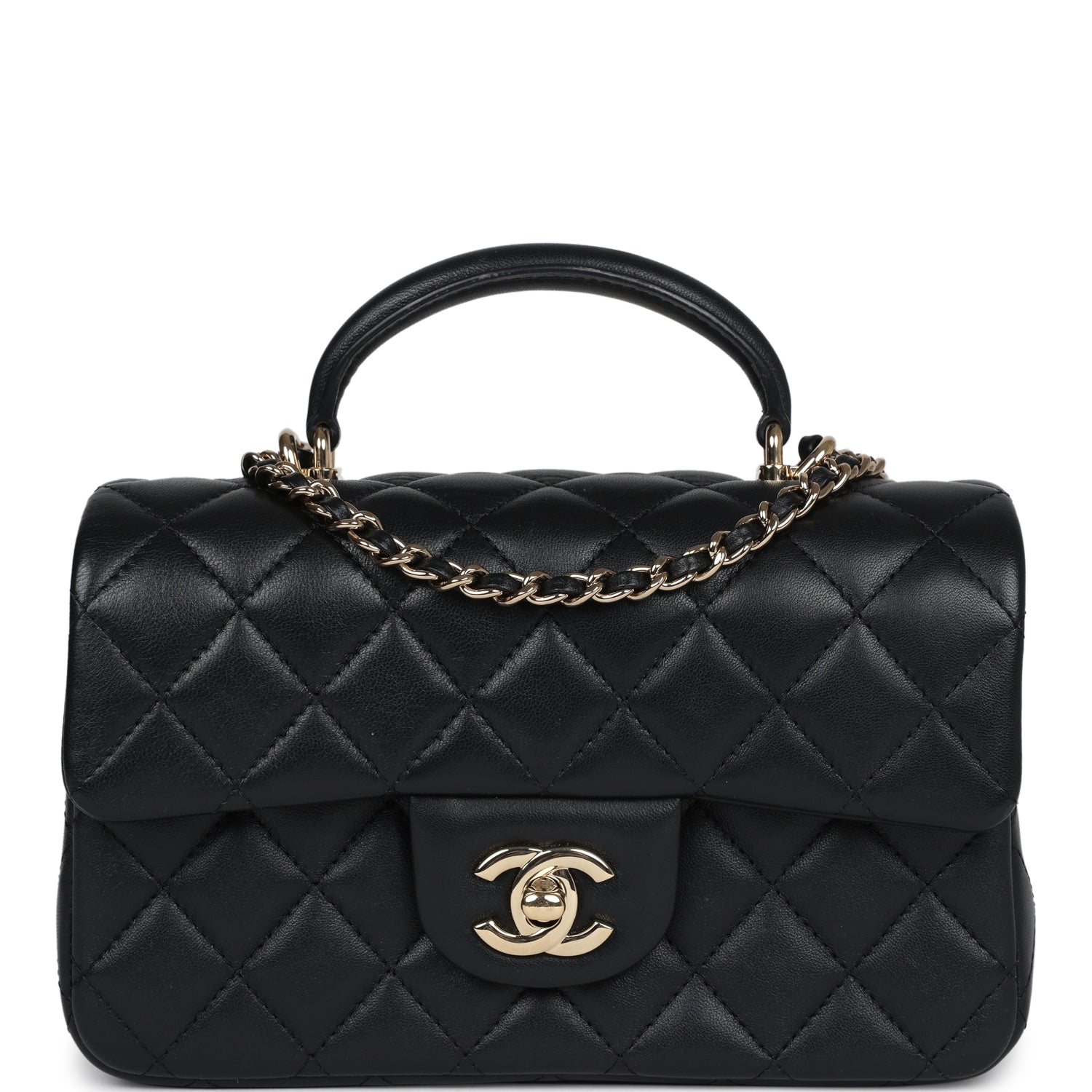 Chanel Mini Rectangular Flap with Top Handle Black Lambskin Light Gold Hardware