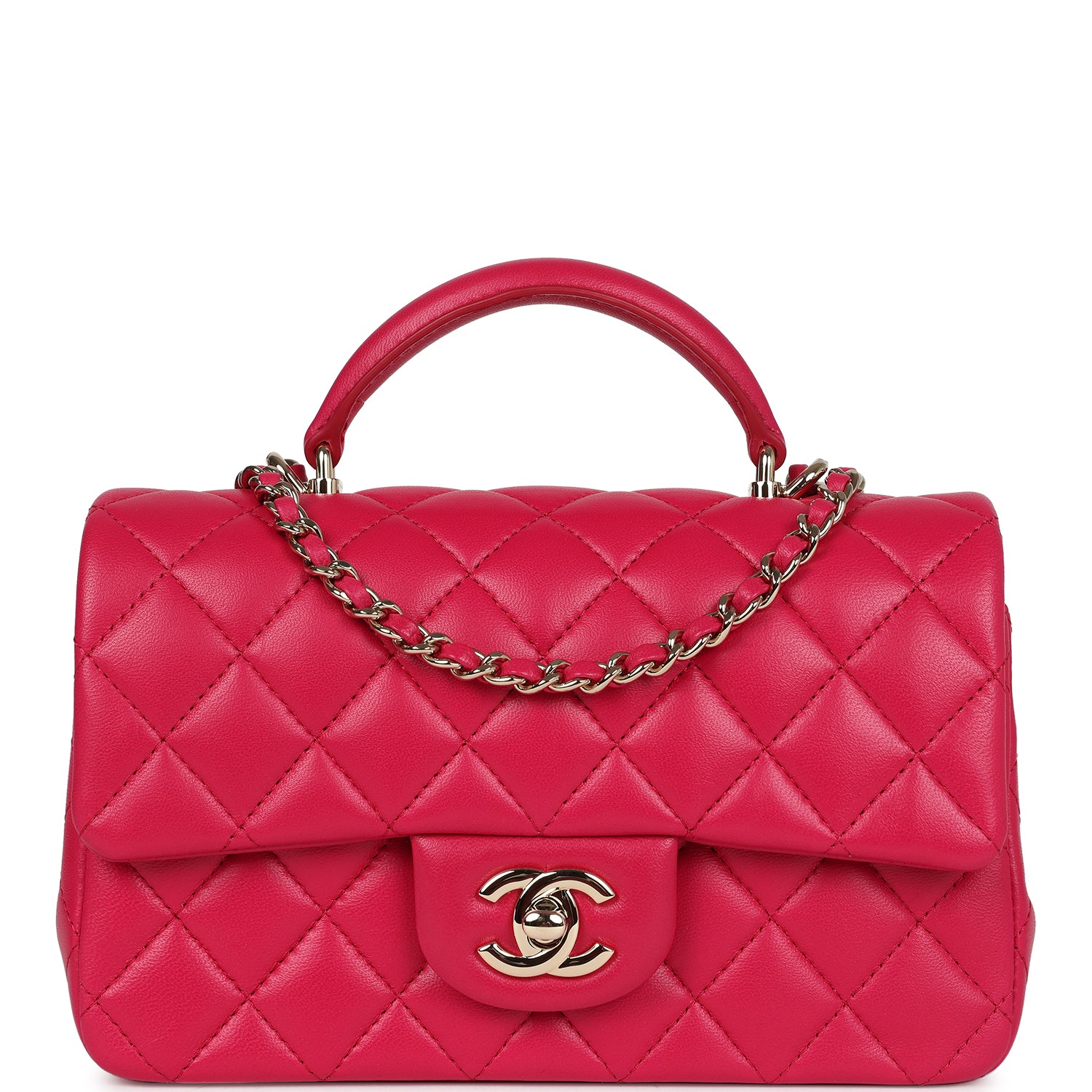 Chanel Mini Top Handle Rectangular Flap Bag Fuchsia Lambskin Light Gold Hardware