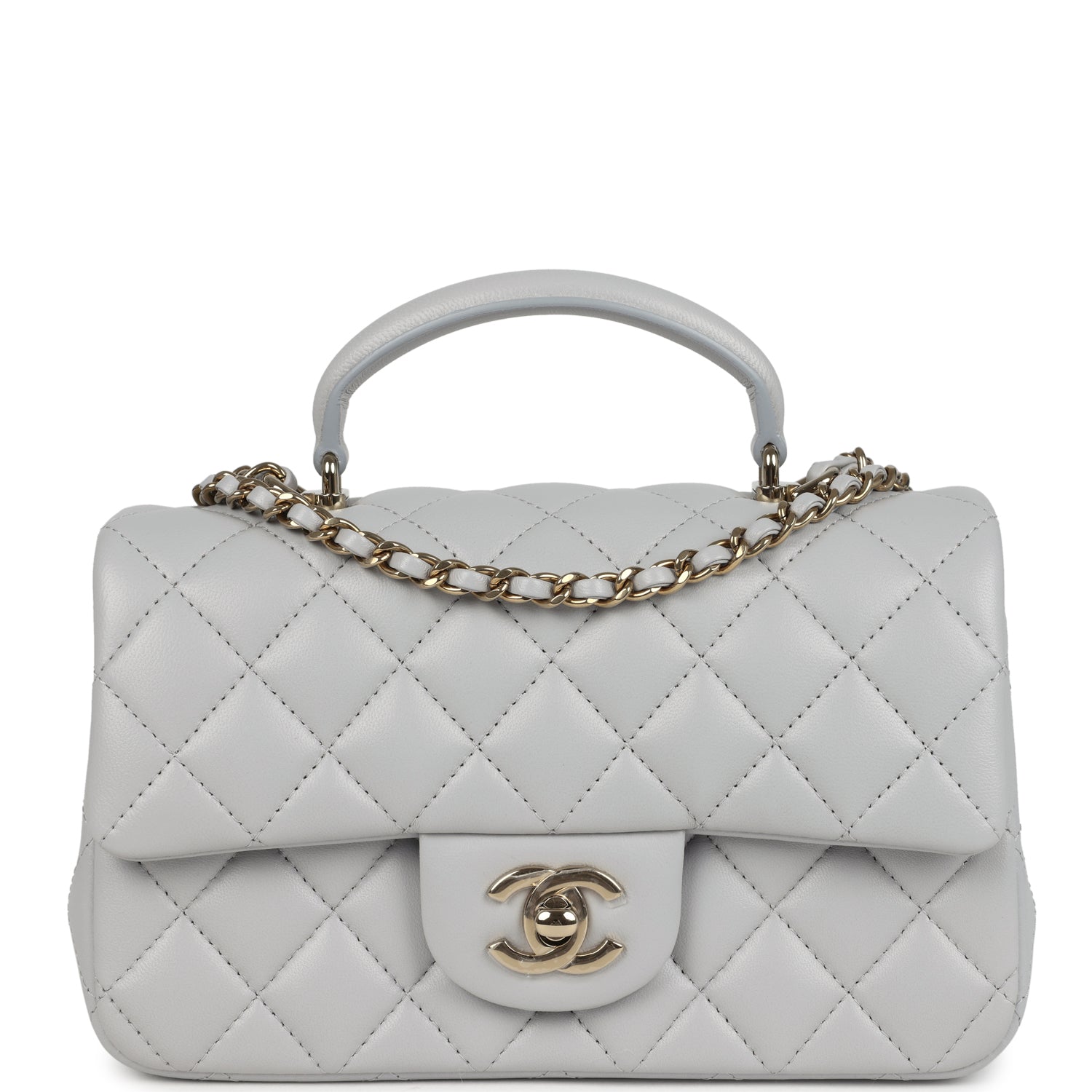 Chanel Mini Rectangular Flap Bag with Top Handle Light Grey Lambskin Light Gold Hardware