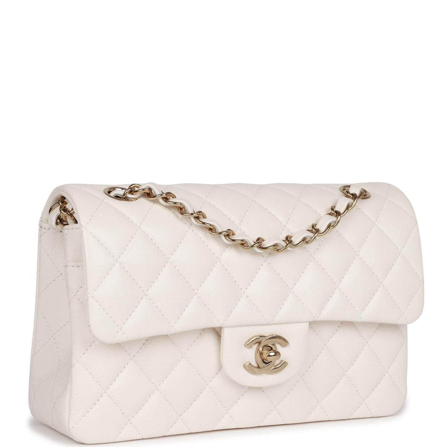 Chanel Small Classic Double Flap Bag White Caviar Light Gold Hardware